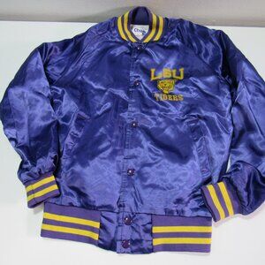 Vtg LSU Chalk line 80 Purple Satin Jacket Louisiana State Made in USA kids 14/16